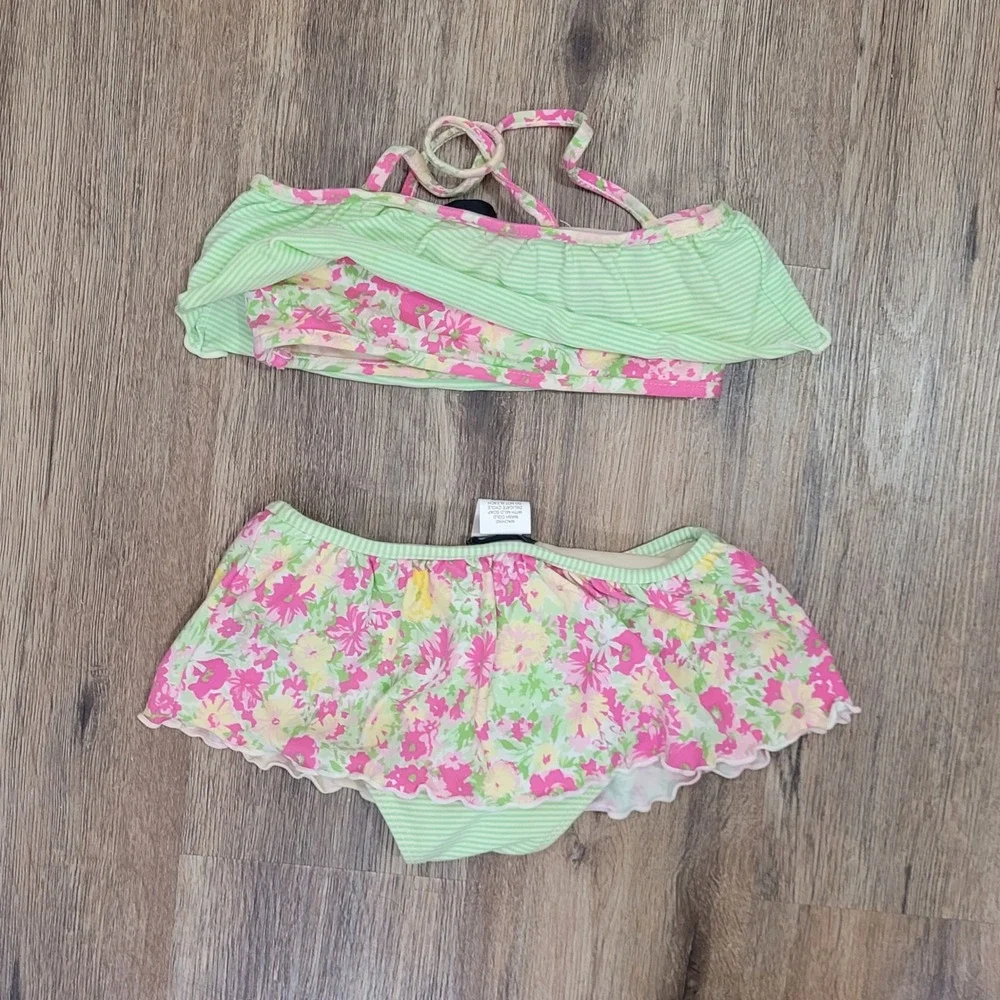 Ralph Lauren Girls Pink Green Floral Striped Ruffle Skirted Bikini Swimsuit 6‎